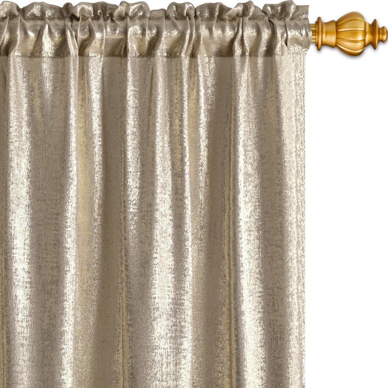 FRAMICS Champagne Curtains for Living Room, Silver Foil Print Curtains 84 inch Long, Light Filtering Drapes for Bedroom, Rod Pocket Window Treatments for Christmas Decor, 52x84 inch - Image 2