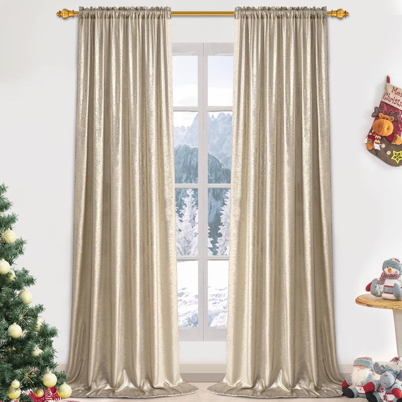 FRAMICS Champagne Curtains for Living Room, Silver Foil Print Curtains 84 inch Long, Light Filtering Drapes for Bedroom, Rod Pocket Window Treatments for Christmas Decor, 52x84 inch - Image 1