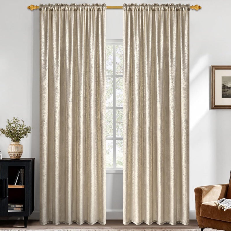 FRAMICS Champagne Curtains for Living Room, Silver Foil Print Curtains 84 inch Long, Light Filtering Drapes for Bedroom, Rod Pocket Window Treatments for Christmas Decor, 52x84 inch - Image 3
