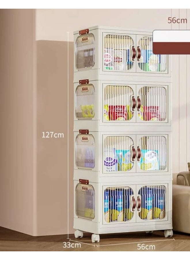 خزانة تخزين مطبخ بلاستيكية متعددة الطبقات بأبواب وعجلات - منظم طعام قابل للتكديس للمخزن والمطبخ وغرفة المعيشة - Image 2