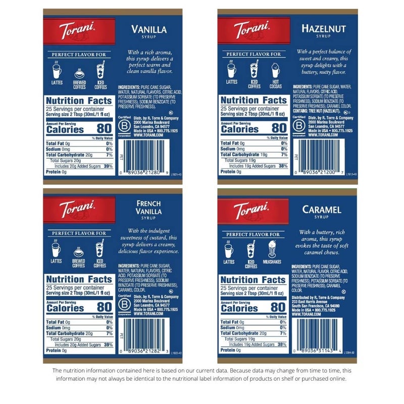 Torani Variety Pack Caramel, French Vanilla, Vanilla & Hazelnut, 25.4 Ounces (Pack of 4) - Image 3