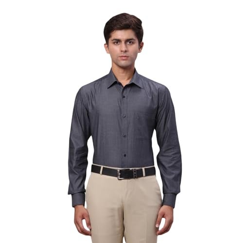 Raymond Men's Slim Fit Formal Shirt | Pure Cotton Solid Design Semi Cutaway Collar Office Wear Dark Blue - Image 1