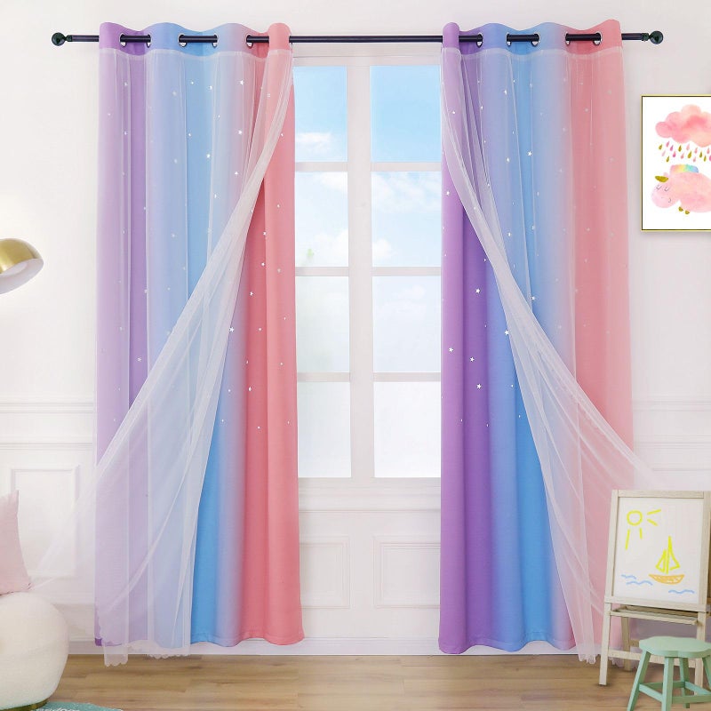 Anjee Curtains for Girls 2 in 1 Double Layer Cutout Star Light Blocking Ombre Grommets Top Drape with Lace Sheer Voile Gauze for Living Room Kids Bedroom 2 Panels 52 x 84 inch Purple Blue Pink