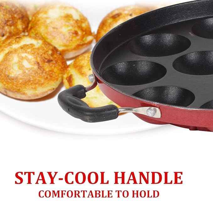 DEV INDUSTRIES Non-Stick Aluminium 12 Cavity Appam Patra Paniyarakkal Two Side Handle with Steel Lid (23 Cm Black Pack of 1 Appam Maker Or Aapee Maker) - Image 2