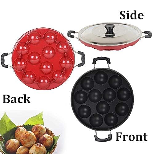 DEV INDUSTRIES Non-Stick Aluminium 12 Cavity Appam Patra Paniyarakkal Two Side Handle with Steel Lid (23 Cm Black Pack of 1 Appam Maker Or Aapee Maker) - Image 5