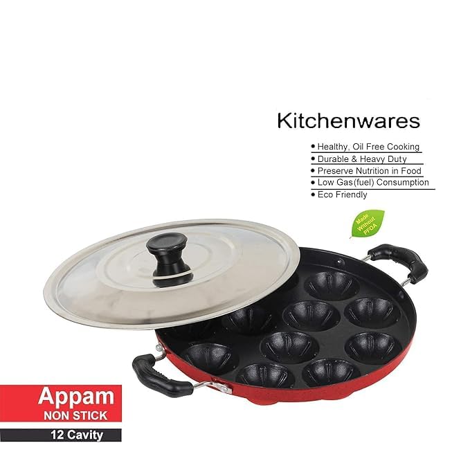 DEV INDUSTRIES Non-Stick Aluminium 12 Cavity Appam Patra Paniyarakkal Two Side Handle with Steel Lid (23 Cm Black Pack of 1 Appam Maker Or Aapee Maker) - Image 4