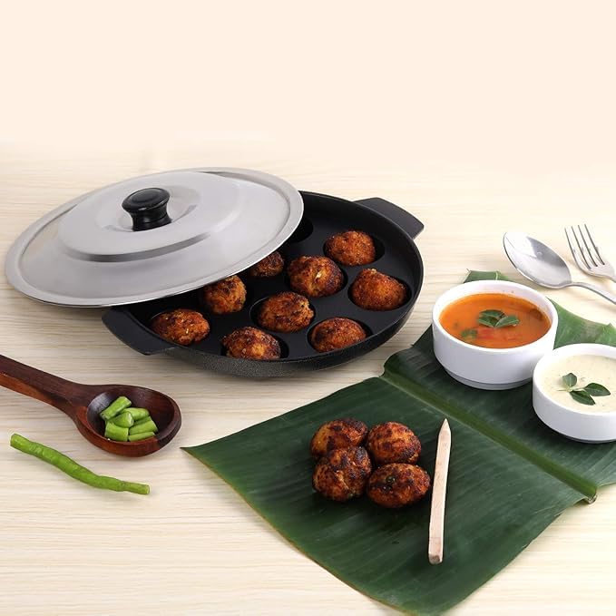 DEV INDUSTRIES Non-Stick Aluminium 12 Cavity Appam Patra Paniyarakkal Two Side Handle with Steel Lid (23 Cm Black Pack of 1 Appam Maker Or Aapee Maker) - Image 3