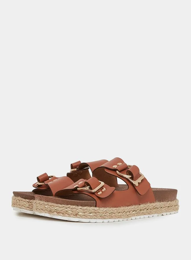 Styli Buckle Accent Dual Strap Slip On Flat Sandals