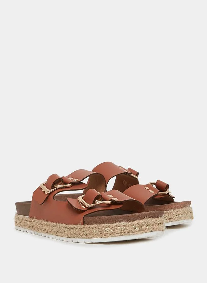 Styli Buckle Accent Dual Strap Slip On Flat Sandals