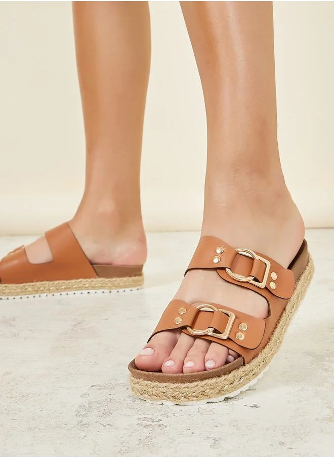 ستايلي Buckle Accent Dual Strap Slip On Flat Sandals