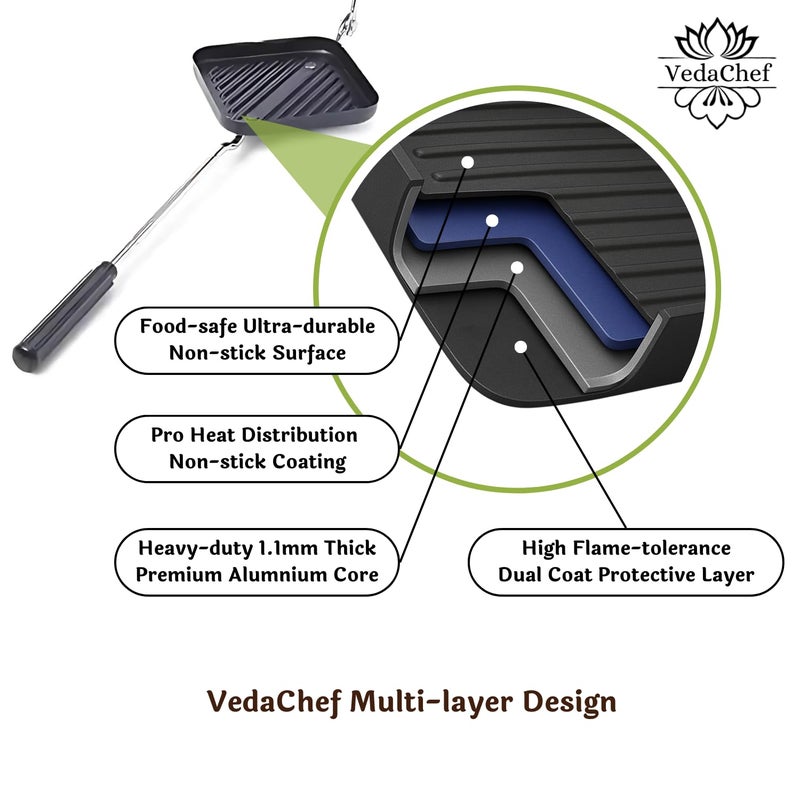 VedaChef Premium Non-Stick Grill Sandwich Toaster-Make Delicious Sandwiches In Minutes|Long-Lasting Double-Coating Non-Stick Layer|Sandwich Griller And Toaster|Easy-To-Use & Durable|Black, 1000 Watts - Image 4