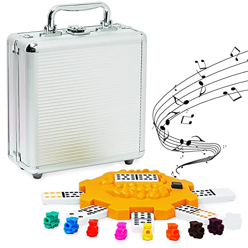 Yinlo Mexican Train Dominoes Set Double 12 Dominoes Set Colorful Dot Pips Real Train Sound Effect Hub Score Pad and 9 Colorful Trains 91 Tiles Domino Game Set - Image 1