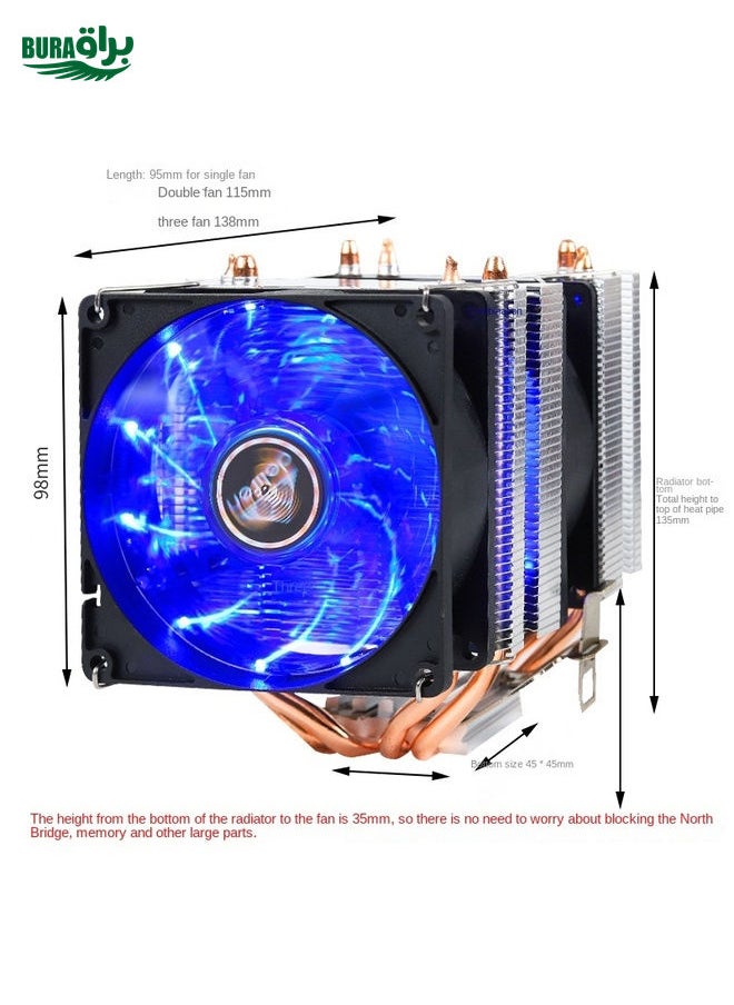 BURAQ - Desktop Computer 6 Copper Tube CPU Radiator Super Quiet Without Light 3-pin Double Fan - Image 1