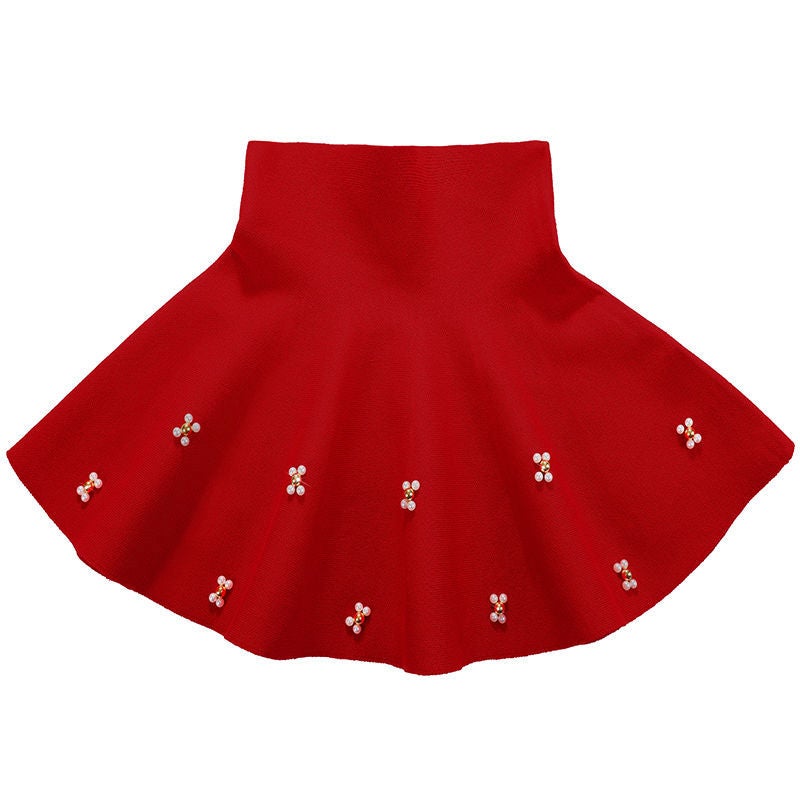 Girls Tulle Tutu Skirt 2024 Spring/Fall Korean Short Style Knitted Cute Red handmade plum blossom 