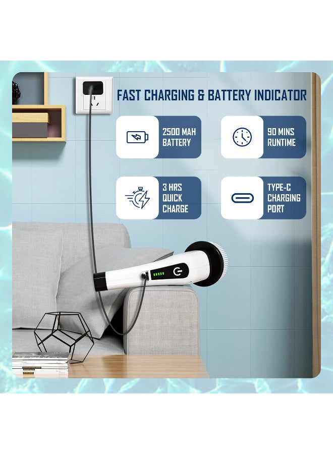 أرابيكو فرشاة تنظيف كهربائية دوارة، فرشاة تنظيف لاسلكية مع 8 رؤوس فرشاة قابلة للاستبدال، وقت تشغيل 90 دقيقة، 3 أطوال قابلة للتعديل، وضعان للسرعة، مناسبة للحمام، الدش، حوض الاستحمام، الزجاج، البلاط وتنظيف السيارة - Image 4