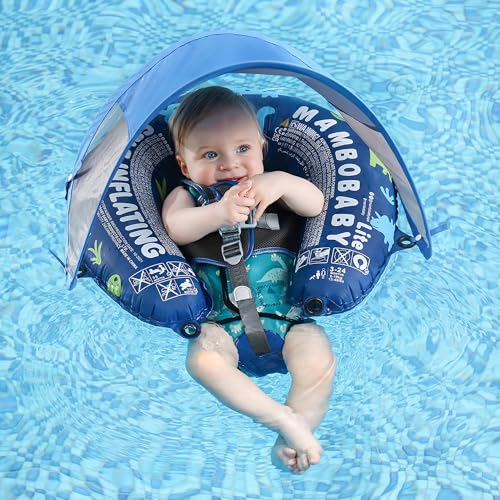 AnjeeIOT Mambobaby Baby Pool Floats with Canopy Pool Float Self-Inflating Compressible Folding Swimming Float Soft Skin-Friendly Fabric for Infant Toddler 3-24 Momths, Blue - Image 1