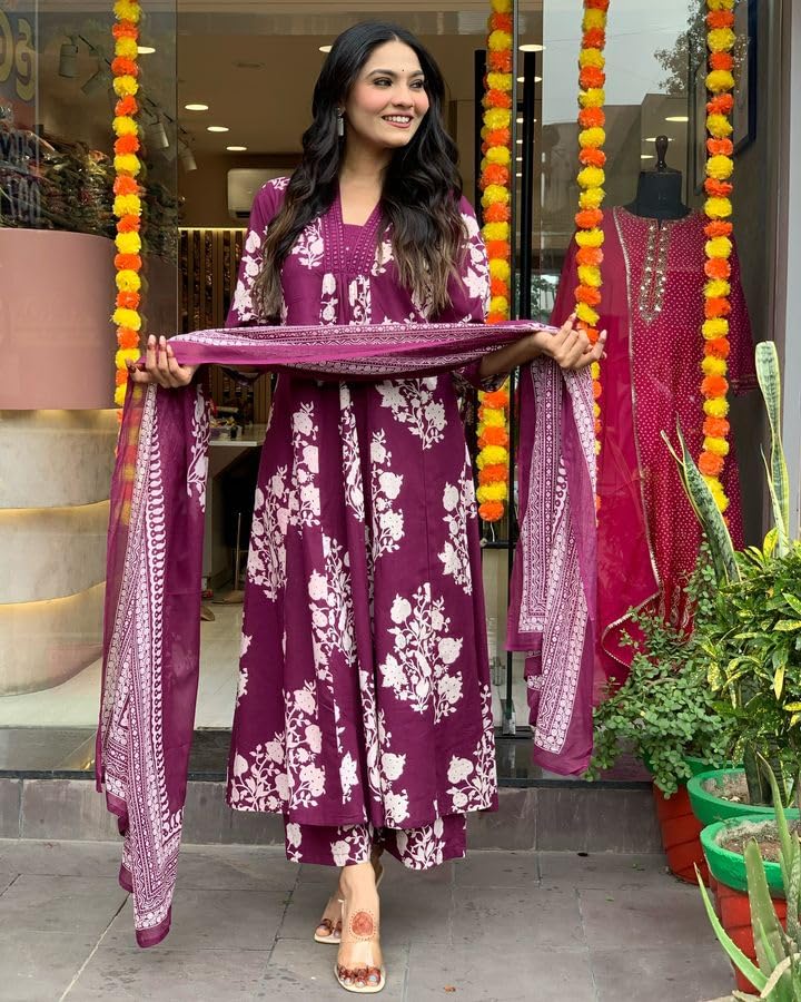 Toochki Kurti Set for Women | Anarkali Fit & Flared Kurtas for Women's | Cotton Kurtis for Woman | Kurta with Palazzo & Dupatta | Ethnic Salwar Suits Sets Wine - Image 2