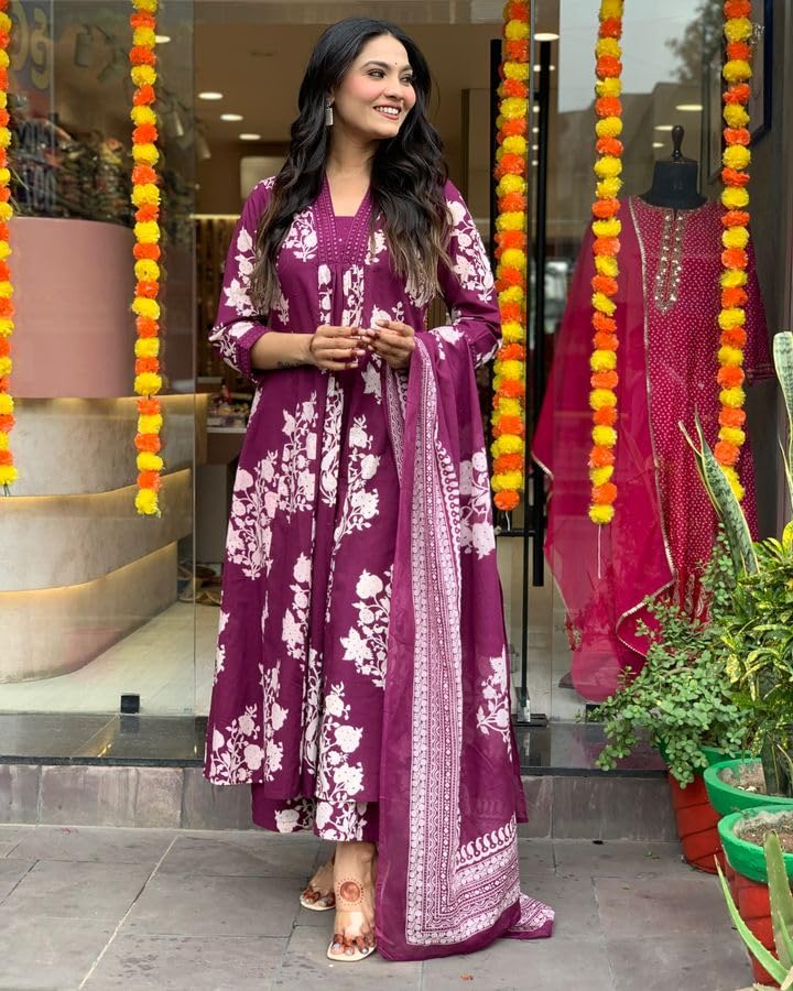 Toochki Kurti Set for Women | Anarkali Fit & Flared Kurtas for Women's | Cotton Kurtis for Woman | Kurta with Palazzo & Dupatta | Ethnic Salwar Suits Sets Wine - Image 5
