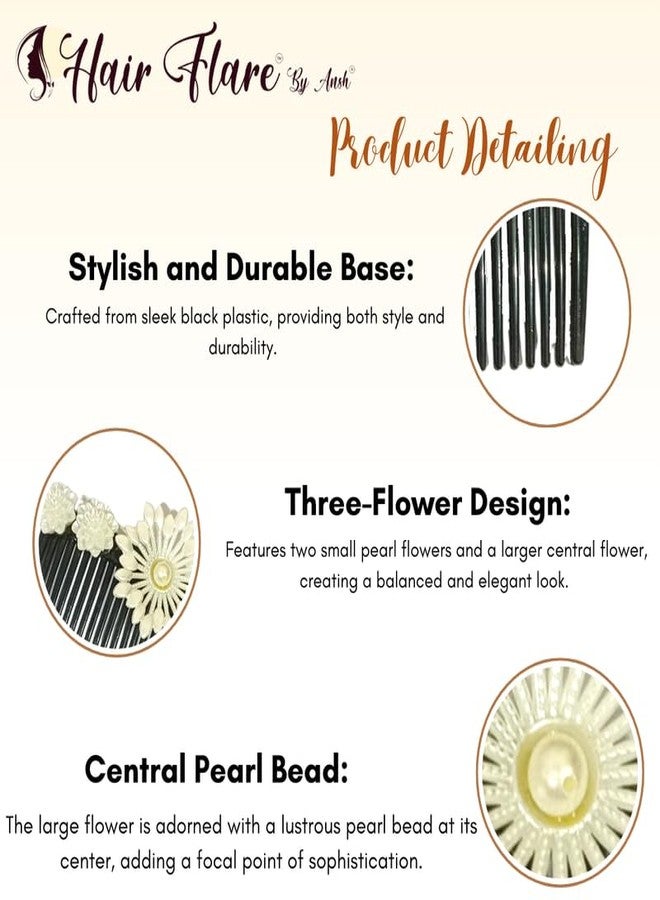 Hair Flare Pearl Flower Hair Comb: Effortless styling with black plastic base, featuring two small pearl flowers and a large center flower with pearl bead - Image 3