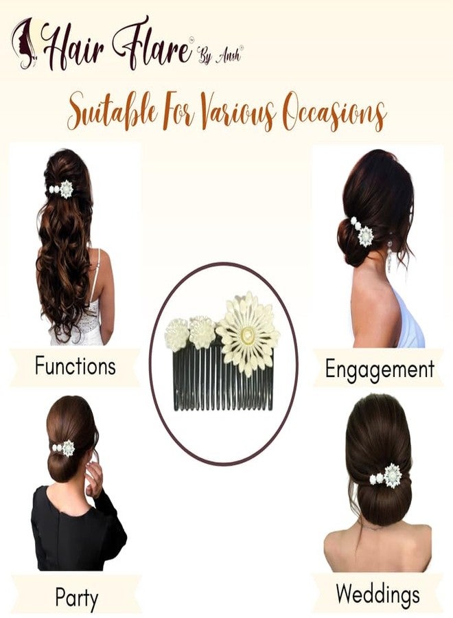 Hair Flare Pearl Flower Hair Comb: Effortless styling with black plastic base, featuring two small pearl flowers and a large center flower with pearl bead - Image 5