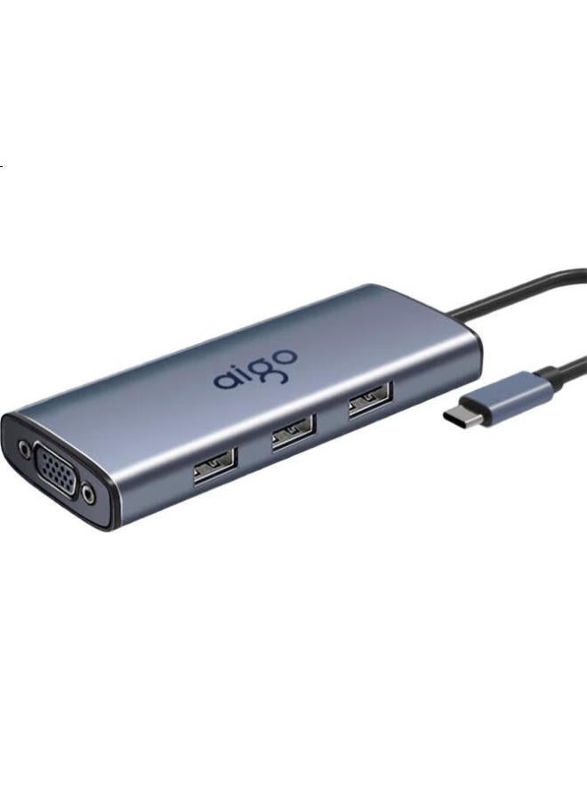 aigo Type-C Expansion Dock, Usb3.0 Hub, Rj45 Gigabit Ethernet Port Adapter, Hdmi/Vga Adapter, Pd100W Fast Charging, Usb Expansion Dock, T07-R (Metal) - Image 3