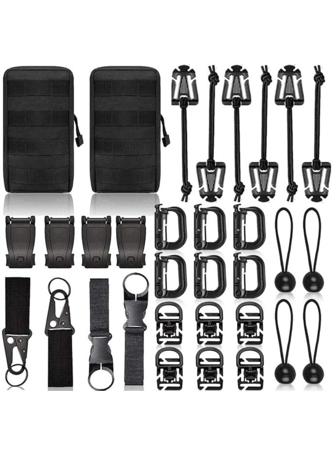 Green Tiger Molle Accessories Kit of 28 Attachments, Elastic Strings Strap, D-Ring Locking Gear Clip, for 30mm Webbing Strap Tactical Backpack Web Dominator (Black) - Image 1