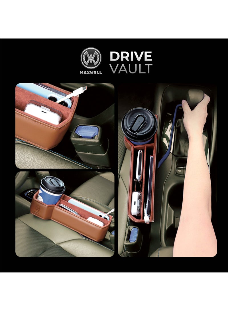 ماكسويل للالكترونيات صندوق تخزين فجوة مقعد السيارة Maxwell Drive Vault مع حامل أكواب وتخزين إضافي لأجهزتك مثل الهواتف المحمولة، والأجهزة اللوحية، والنظارات، والمحفظة، والنقود، والعملات المعدنية، والدفتـر، والأقلام، ومنظم المفاتيح (بني)  - Image 2