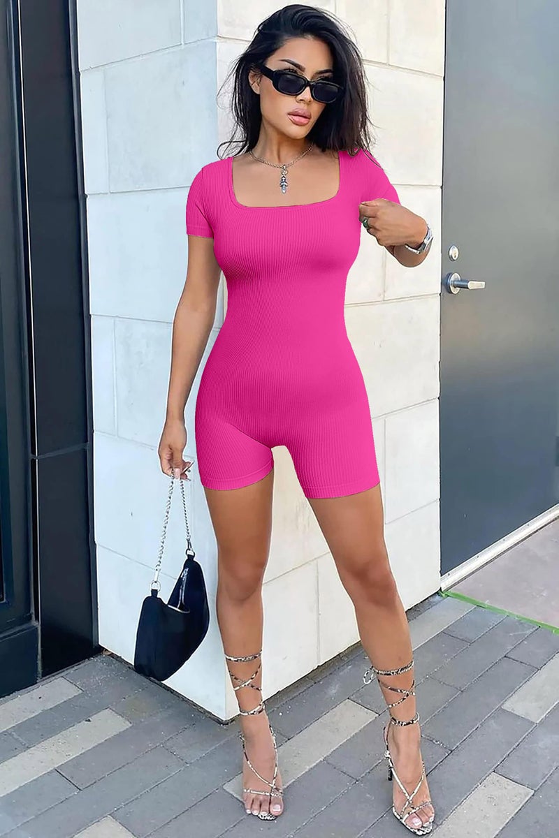 YIOIOIO Women's Short Sleeve Yoga Romper Seamless Ribbed Workout One Piece Square Neck Jumpsuit - Image 2