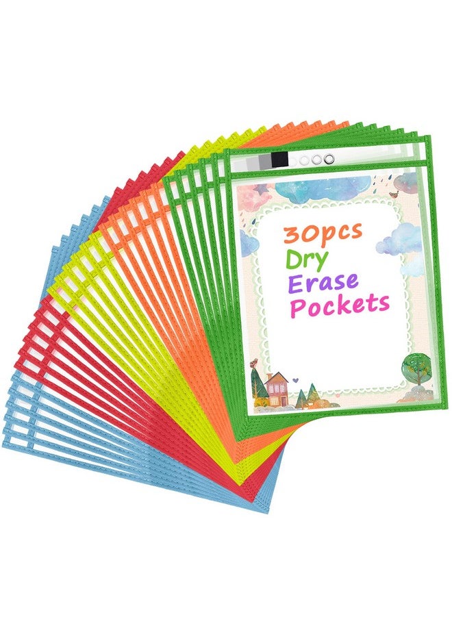 Antner 30 Packs Oversized Dry Erase Pocket Sleeves Reusable Ticket Holders Clear Plastic Sheet Page Protectors Heavy Duty Work Pockets School Teacher Classroom Office Organization Supplies 5 Colors  - Image 1