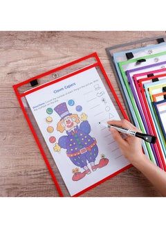 Antner 30 Packs Oversized Dry Erase Pocket Sleeves Reusable Ticket Holders Clear Plastic Sheet Page Protectors Heavy Duty Work Pockets School Teacher Classroom Office Organization Supplies 5 Colors  - Image 5