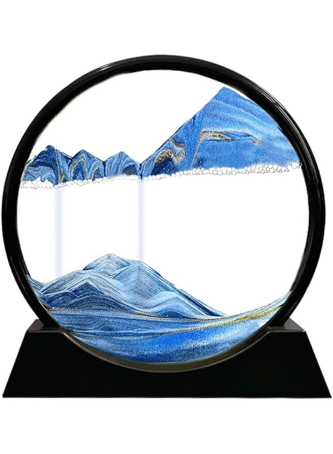 The Bros صورة فن الرمل المتحرك بإطار زجاجي دائري مناظر رملية 3D عرض في حركة تدفق ديناميكي صورة ساعة رملية فن مكتبي ديكور منزلي مكتبي هدية حفلة (12 بوصة، أزرق) - Image 1