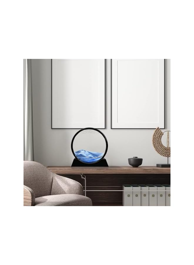 The Bros صورة فن الرمل المتحرك بإطار زجاجي دائري مناظر رملية 3D عرض في حركة تدفق ديناميكي صورة ساعة رملية فن مكتبي ديكور منزلي مكتبي هدية حفلة (12 بوصة، أزرق) - Image 3