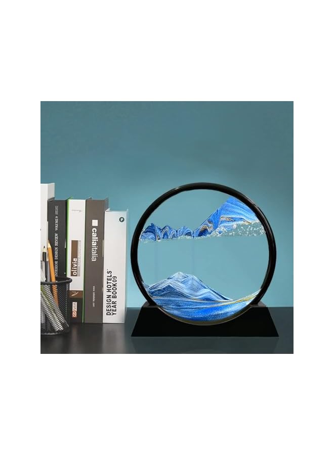 The Bros صورة فن الرمل المتحرك بإطار زجاجي دائري مناظر رملية 3D عرض في حركة تدفق ديناميكي صورة ساعة رملية فن مكتبي ديكور منزلي مكتبي هدية حفلة (12 بوصة، أزرق) - Image 2