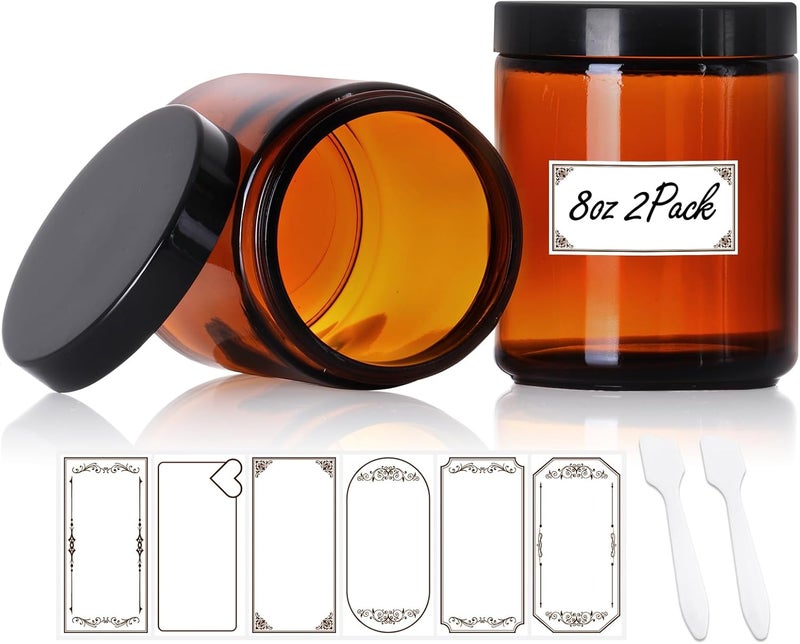2 Pack 8 oz Amber Glass Jars with lids, Cosmetic Jars with Inner Liners and Black Lids, Lotion Jars, Candle Making Jars for Lotions, Scrubs and Cosmetic, Lables and Spatulas Include