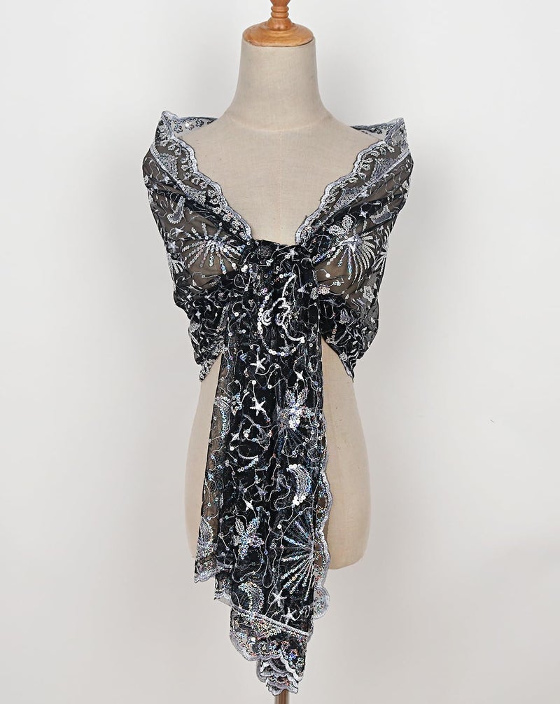 L'VOW Women's Glittering 1920s Scarf Mesh Sequin Wedding Cape Fringed Evening Shawl Wrap(S4-Black&Silver) - Image 4