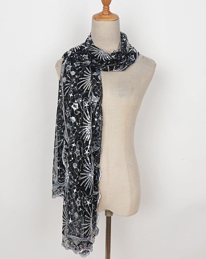 L'VOW Women's Glittering 1920s Scarf Mesh Sequin Wedding Cape Fringed Evening Shawl Wrap(S4-Black&Silver) - Image 2