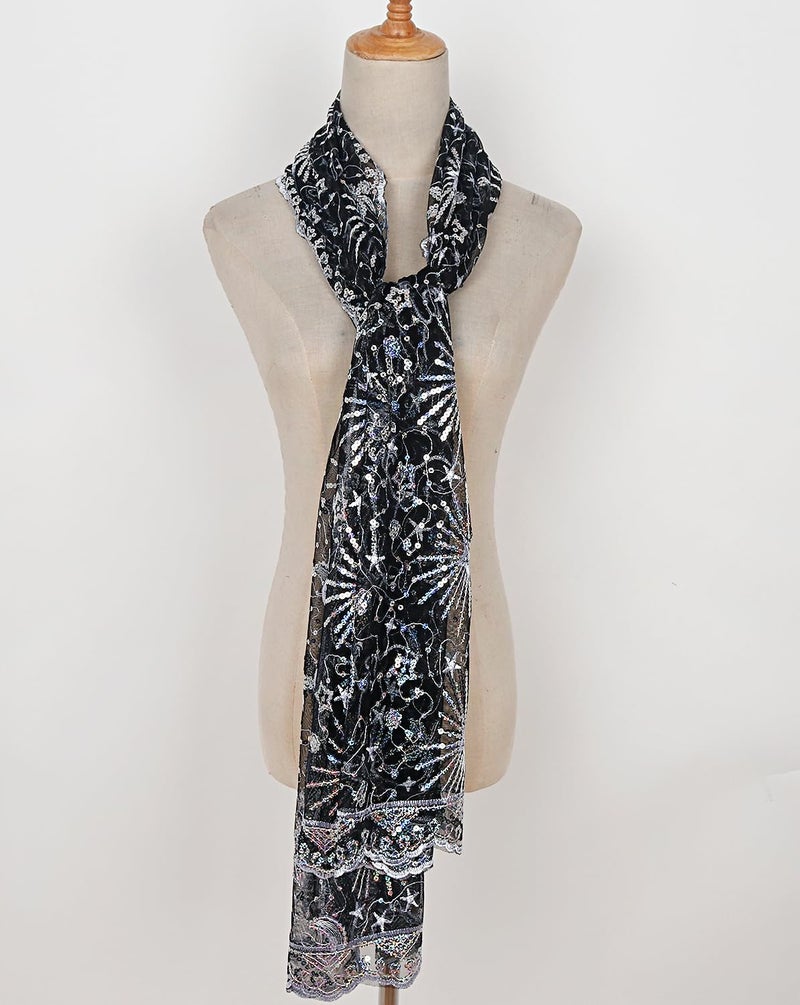 L'VOW Women's Glittering 1920s Scarf Mesh Sequin Wedding Cape Fringed Evening Shawl Wrap(S4-Black&Silver) - Image 5