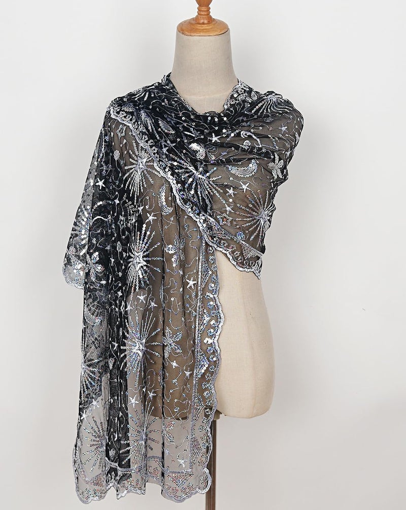 L'VOW Women's Glittering 1920s Scarf Mesh Sequin Wedding Cape Fringed Evening Shawl Wrap(S4-Black&Silver) - Image 3