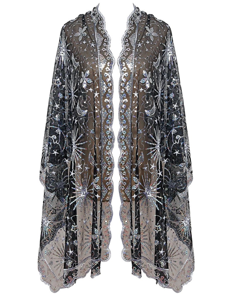 L'VOW Women's Glittering 1920s Scarf Mesh Sequin Wedding Cape Fringed Evening Shawl Wrap(S4-Black&Silver) - Image 1