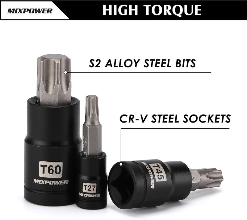 MIXPOWER 32PCS Torx Bit Socket Set, 14 Star Bits (T8-T70)& 13 E-Torx Sockets (E4-E24), CR-V & S2 Alloy Steel - Image 5