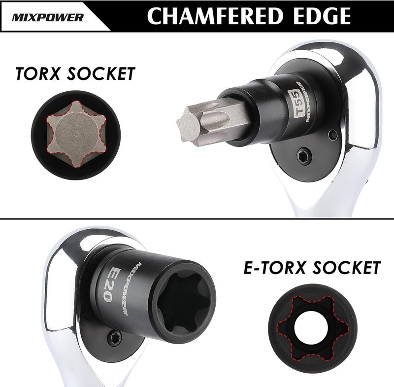 MIXPOWER 32PCS Torx Bit Socket Set, 14 Star Bits (T8-T70)& 13 E-Torx Sockets (E4-E24), CR-V & S2 Alloy Steel - Image 4