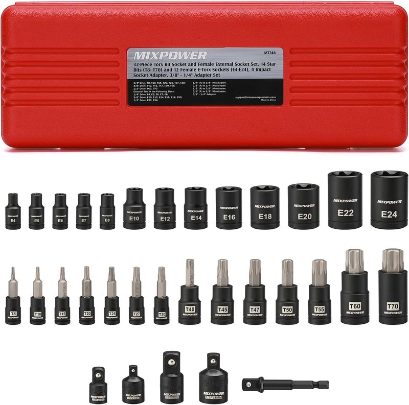 MIXPOWER 32PCS Torx Bit Socket Set, 14 Star Bits (T8-T70)& 13 E-Torx Sockets (E4-E24), CR-V & S2 Alloy Steel - Image 1