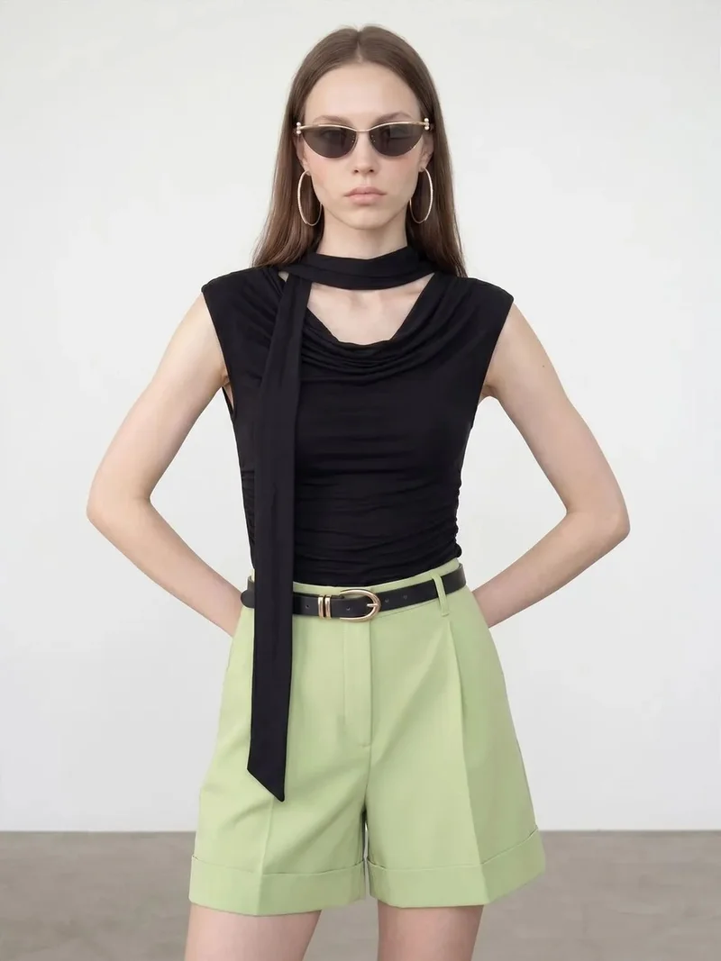 ديلفين Dilvin Sleeveless Cowl Neck Jersey Blouse