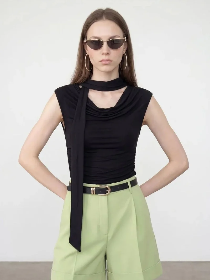 Dilvin DILVIN Sleeveless Cowl Neck Jersey Blouse