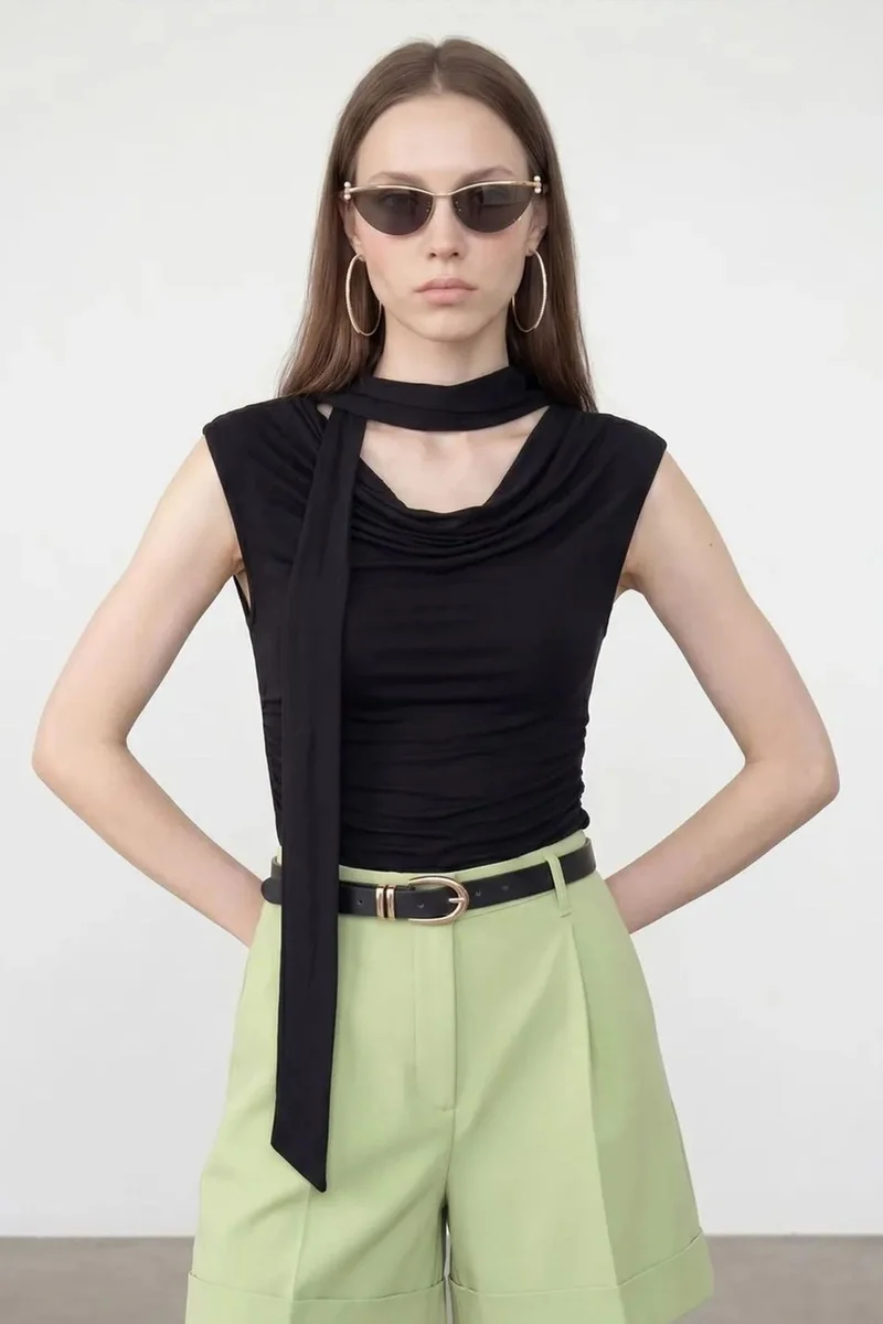 DILVIN Sleeveless Cowl Neck Jersey Blouse