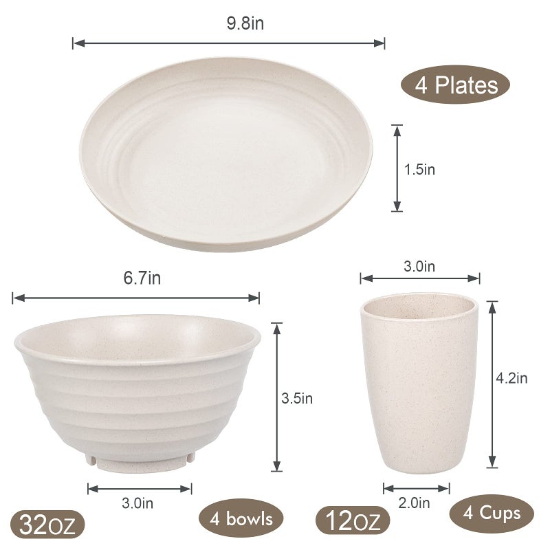 Wwyybfk 12pcs Wheat Straw Dinnerware Sets  Wheat Straw Plates and Bowls Sets for 4 Microwave Dishwasher Safe Lightweight Beige - Image 2