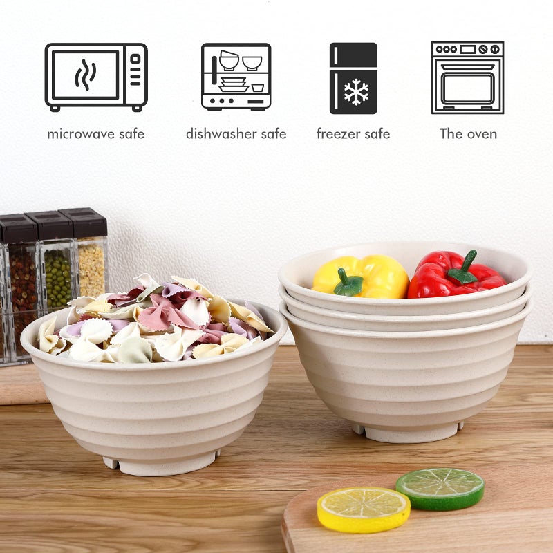 Wwyybfk 12pcs Wheat Straw Dinnerware Sets  Wheat Straw Plates and Bowls Sets for 4 Microwave Dishwasher Safe Lightweight Beige - Image 3