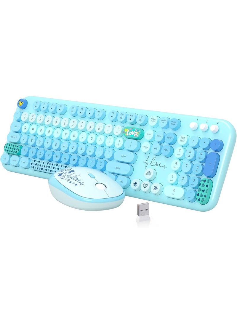Wireless Keyboard and Mouse Set, 104 Key Round Retro Typewriter Style, Full Size, Cute and Colorful for PC, Mac, Laptop, Tablet, and Windows (Blue) - Image 1