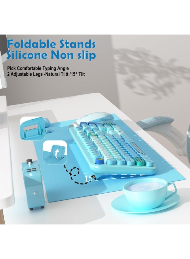 Wireless Keyboard and Mouse Set, 104 Key Round Retro Typewriter Style, Full Size, Cute and Colorful for PC, Mac, Laptop, Tablet, and Windows (Blue) - Image 2