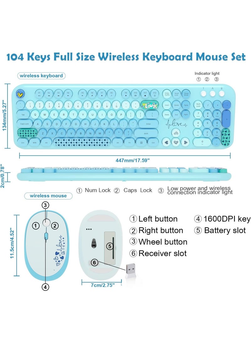 Wireless Keyboard and Mouse Set, 104 Key Round Retro Typewriter Style, Full Size, Cute and Colorful for PC, Mac, Laptop, Tablet, and Windows (Blue) - Image 3